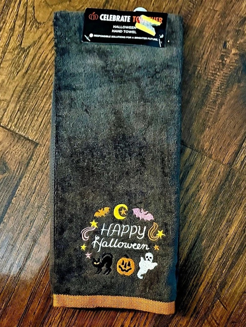 NEW Celebrate Together Happy Halloween Hand Towel Embroidered Black & Orange